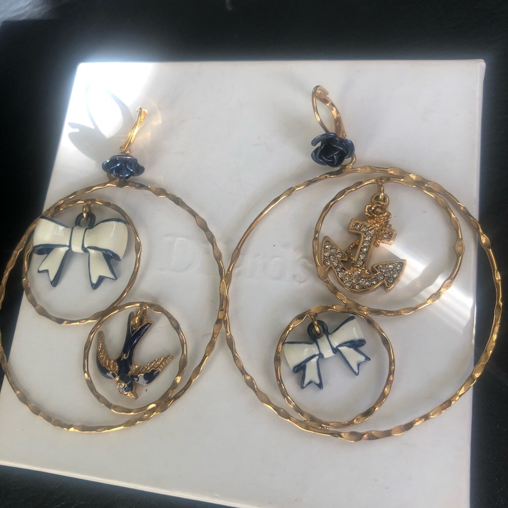 Gorgeous gold, navy blue and white Betsey Johnson sailor hoop earrings